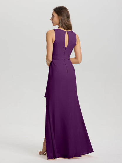 Boat Neck Sleeveless Ruffles Key Hole Back Chiffon Bridesmaid Dress