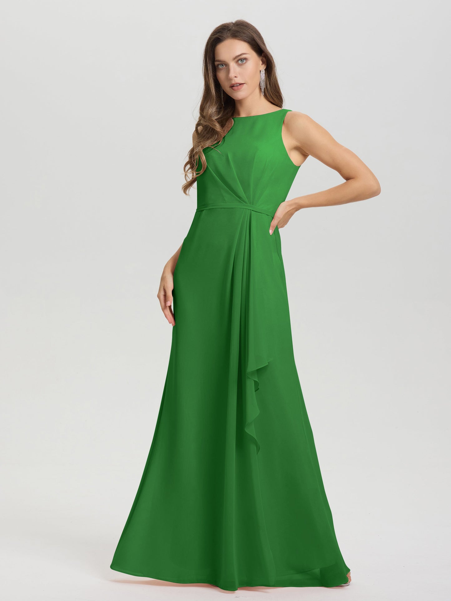 Boat Neck Sleeveless Ruffles Key Hole Back Chiffon Bridesmaid Dress