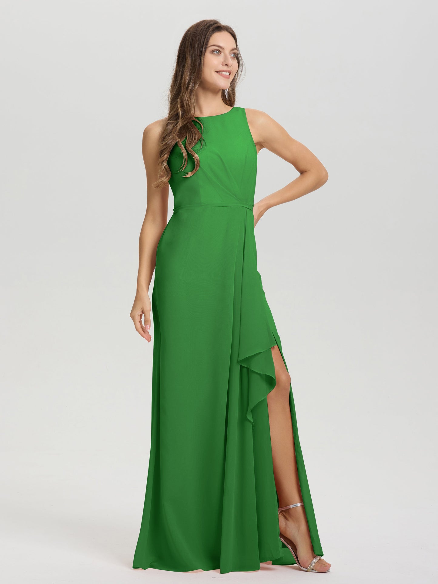 Boat Neck Sleeveless Ruffles Key Hole Back Chiffon Bridesmaid Dress