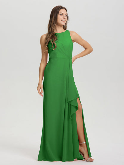 Boat Neck Sleeveless Ruffles Key Hole Back Chiffon Bridesmaid Dress
