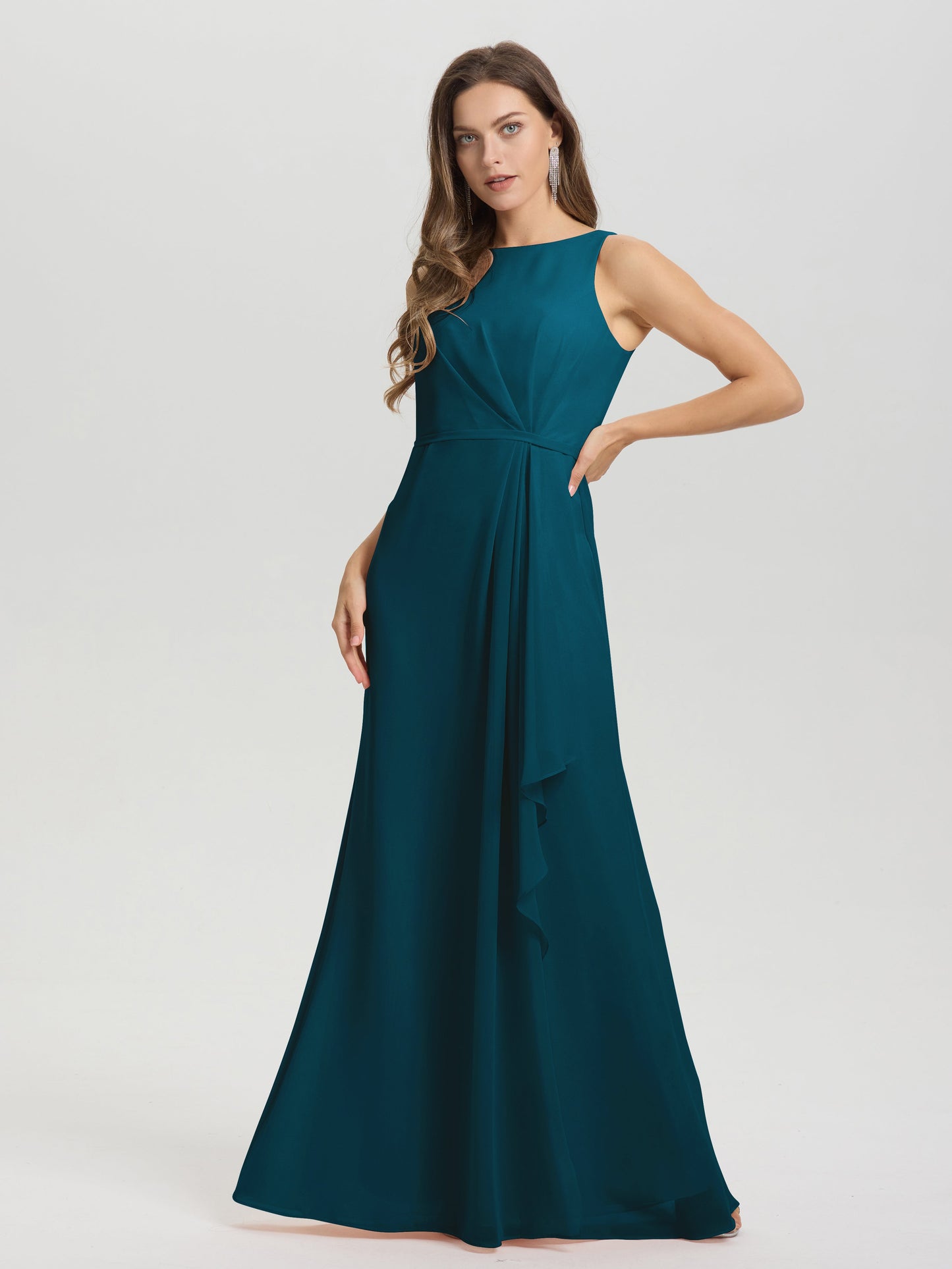 Boat Neck Sleeveless Ruffles Key Hole Back Chiffon Bridesmaid Dress