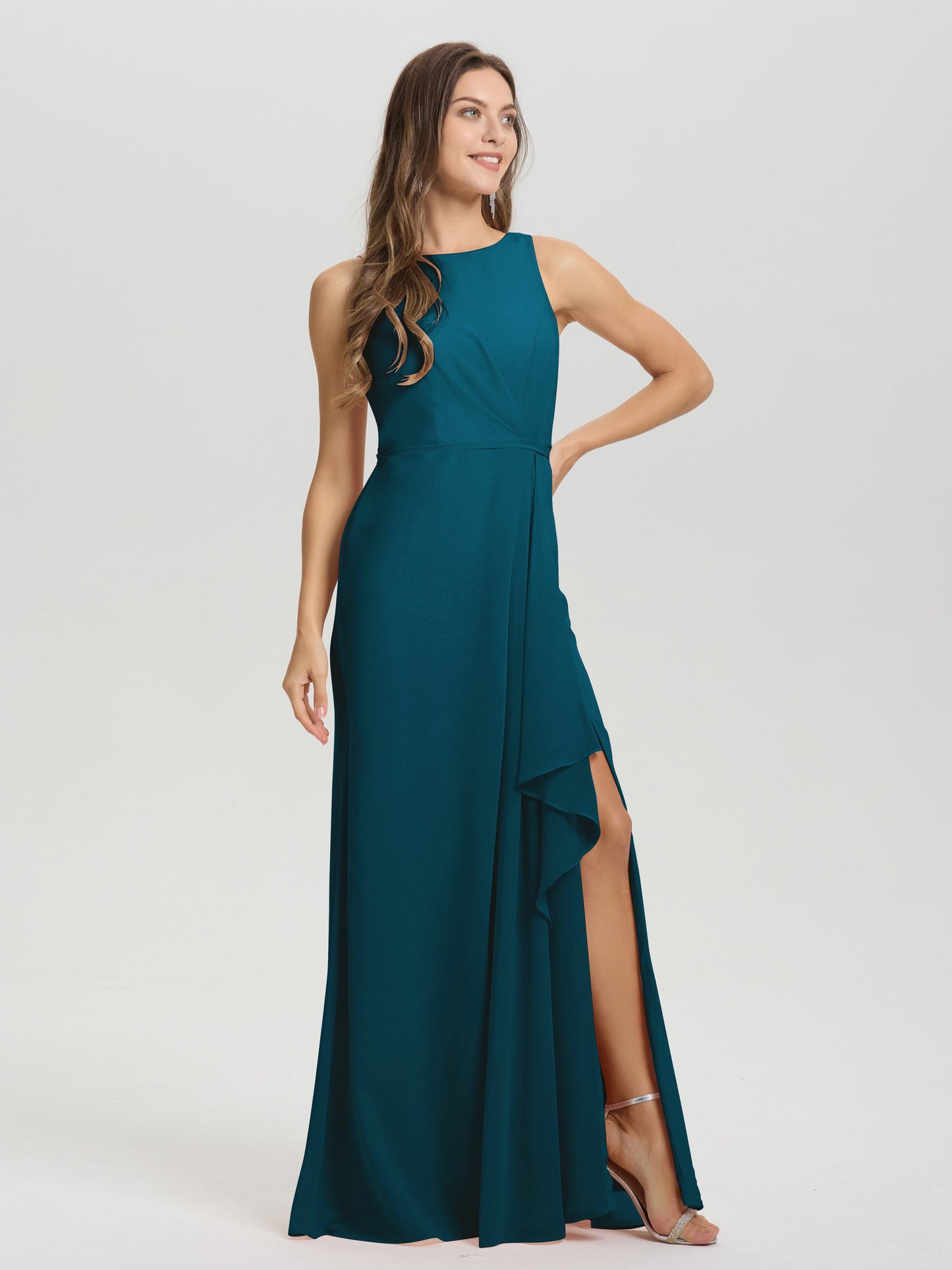 Boat Neck Sleeveless Ruffles Key Hole Back Chiffon Bridesmaid Dress