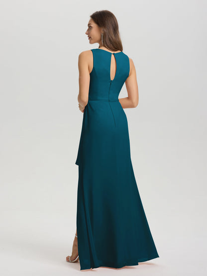 Boat Neck Sleeveless Ruffles Key Hole Back Chiffon Bridesmaid Dress