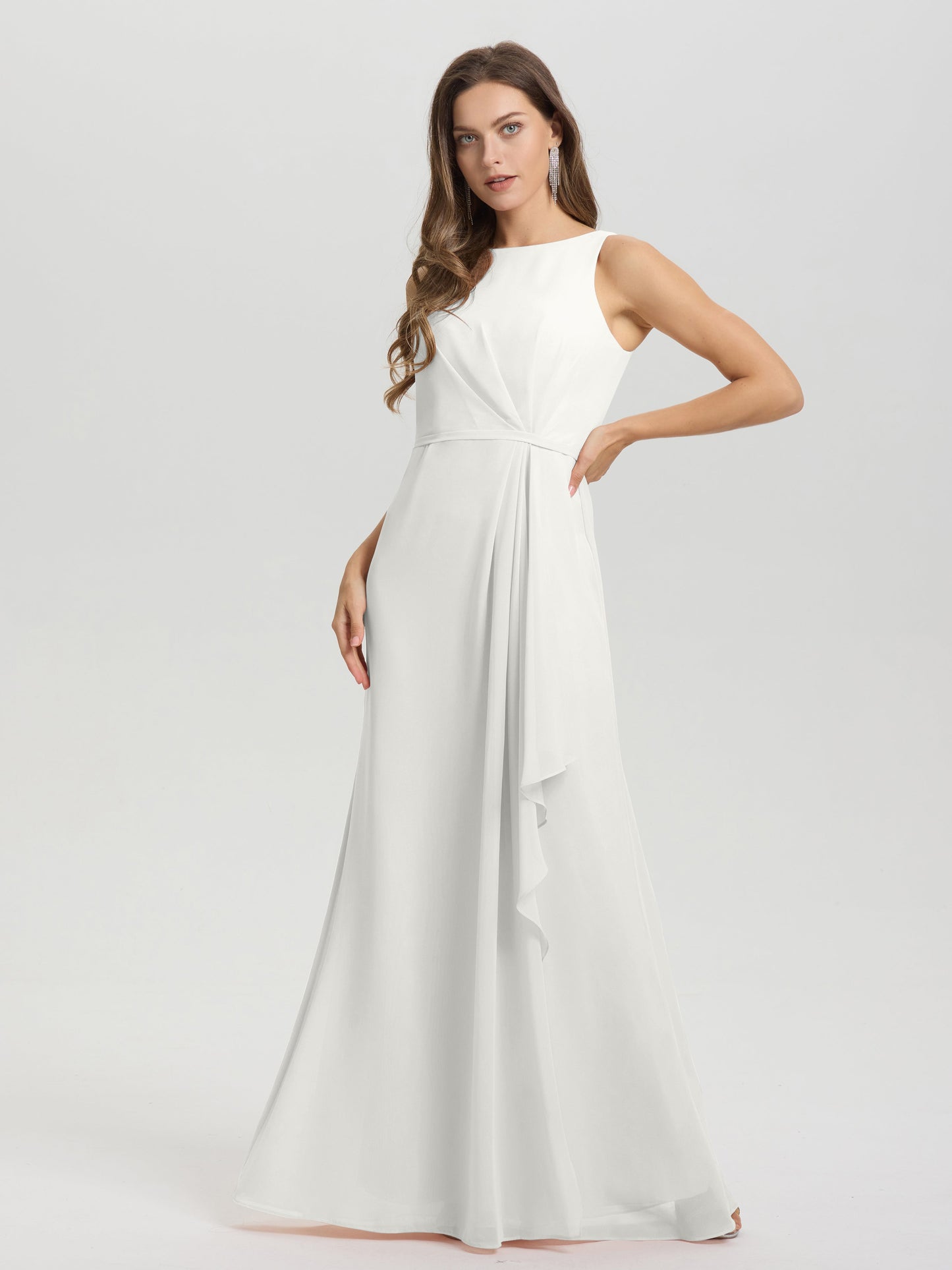 Boat Neck Sleeveless Ruffles Key Hole Back Chiffon Bridesmaid Dress