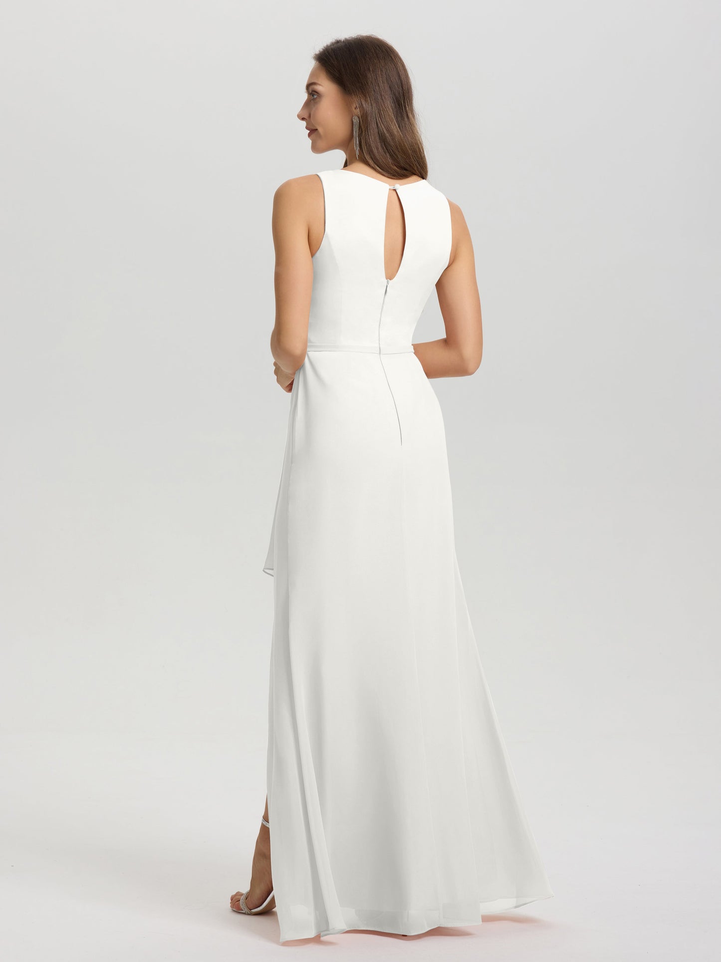 Boat Neck Sleeveless Ruffles Key Hole Back Chiffon Bridesmaid Dress