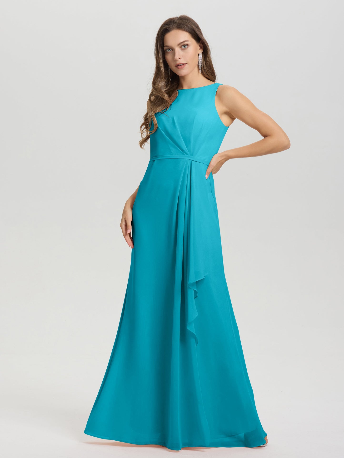 Boat Neck Sleeveless Ruffles Key Hole Back Chiffon Bridesmaid Dress