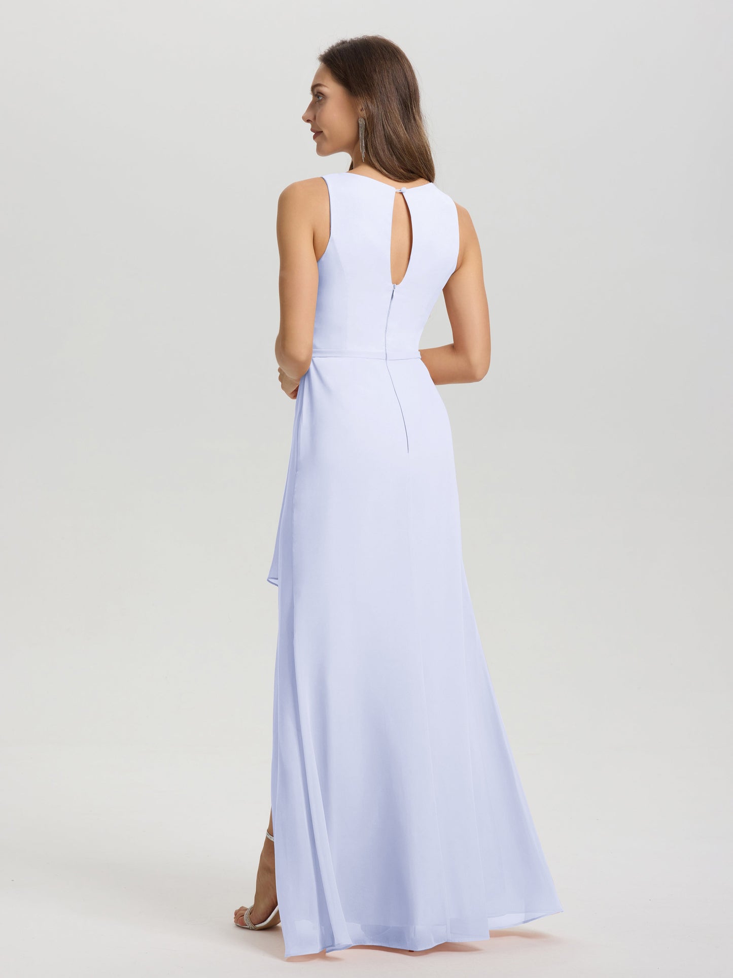 Boat Neck Sleeveless Ruffles Key Hole Back Chiffon Bridesmaid Dress