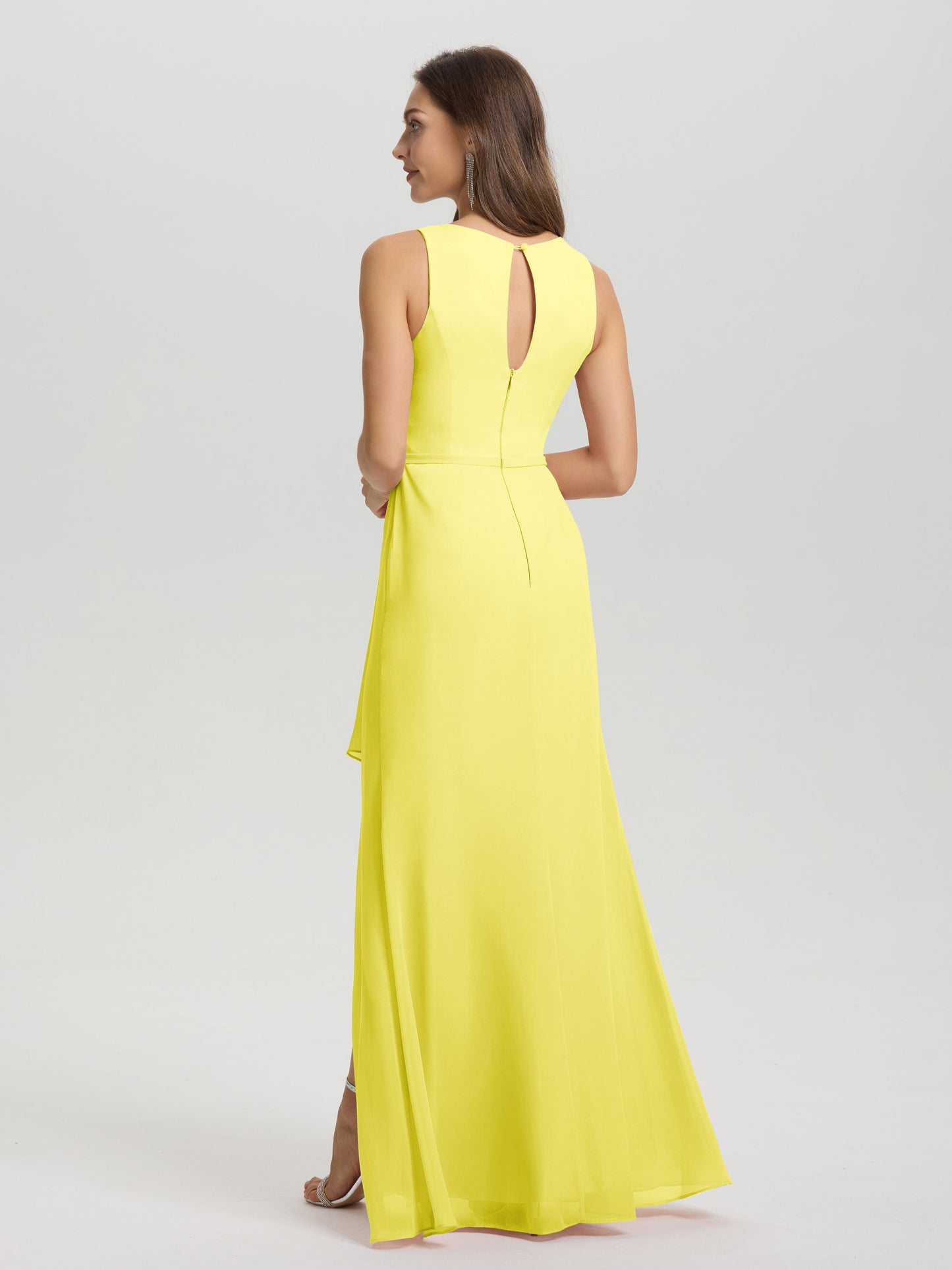 Boat Neck Sleeveless Ruffles Key Hole Back Chiffon Bridesmaid Dress