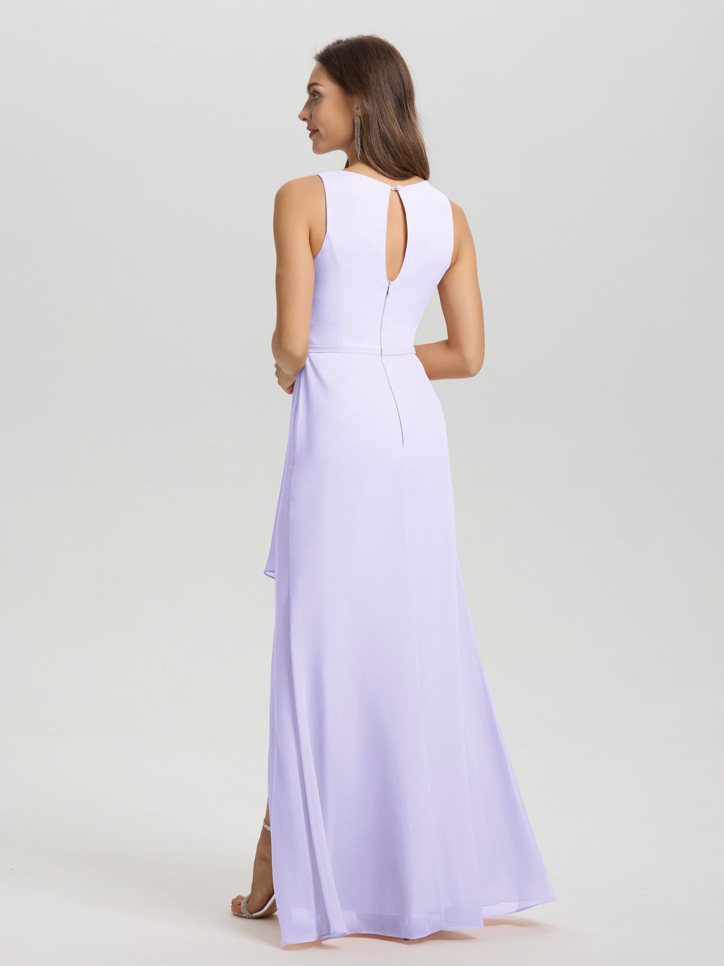 Boat Neck Sleeveless Ruffles Key Hole Back Chiffon Bridesmaid Dress