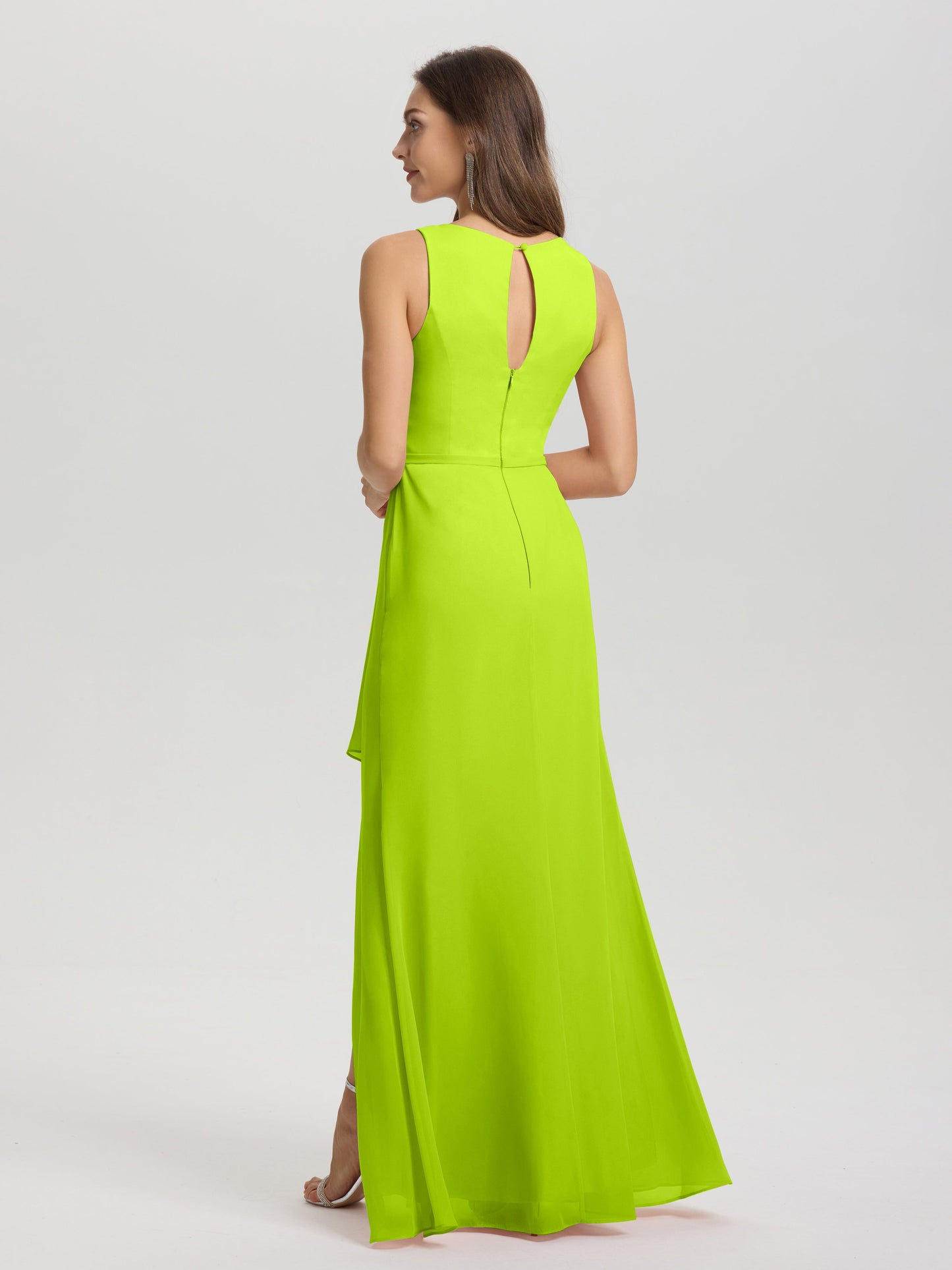Boat Neck Sleeveless Ruffles Key Hole Back Chiffon Bridesmaid Dress