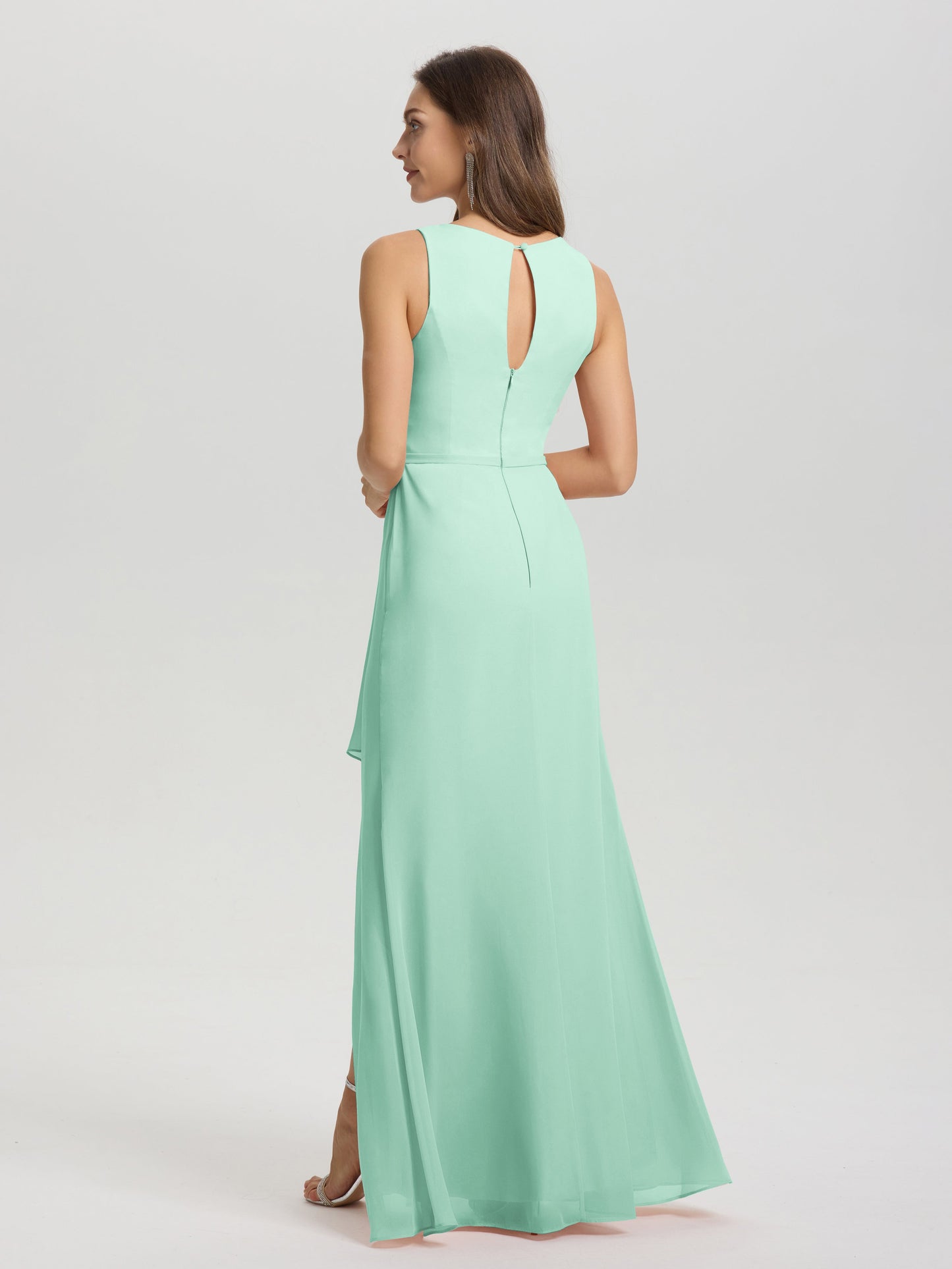 Boat Neck Sleeveless Ruffles Key Hole Back Chiffon Bridesmaid Dress