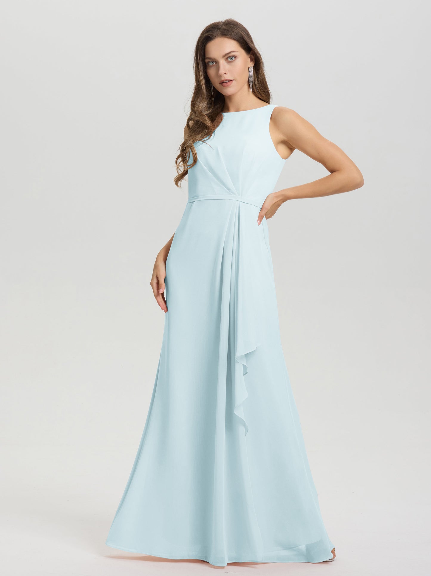 Boat Neck Sleeveless Ruffles Key Hole Back Chiffon Bridesmaid Dress