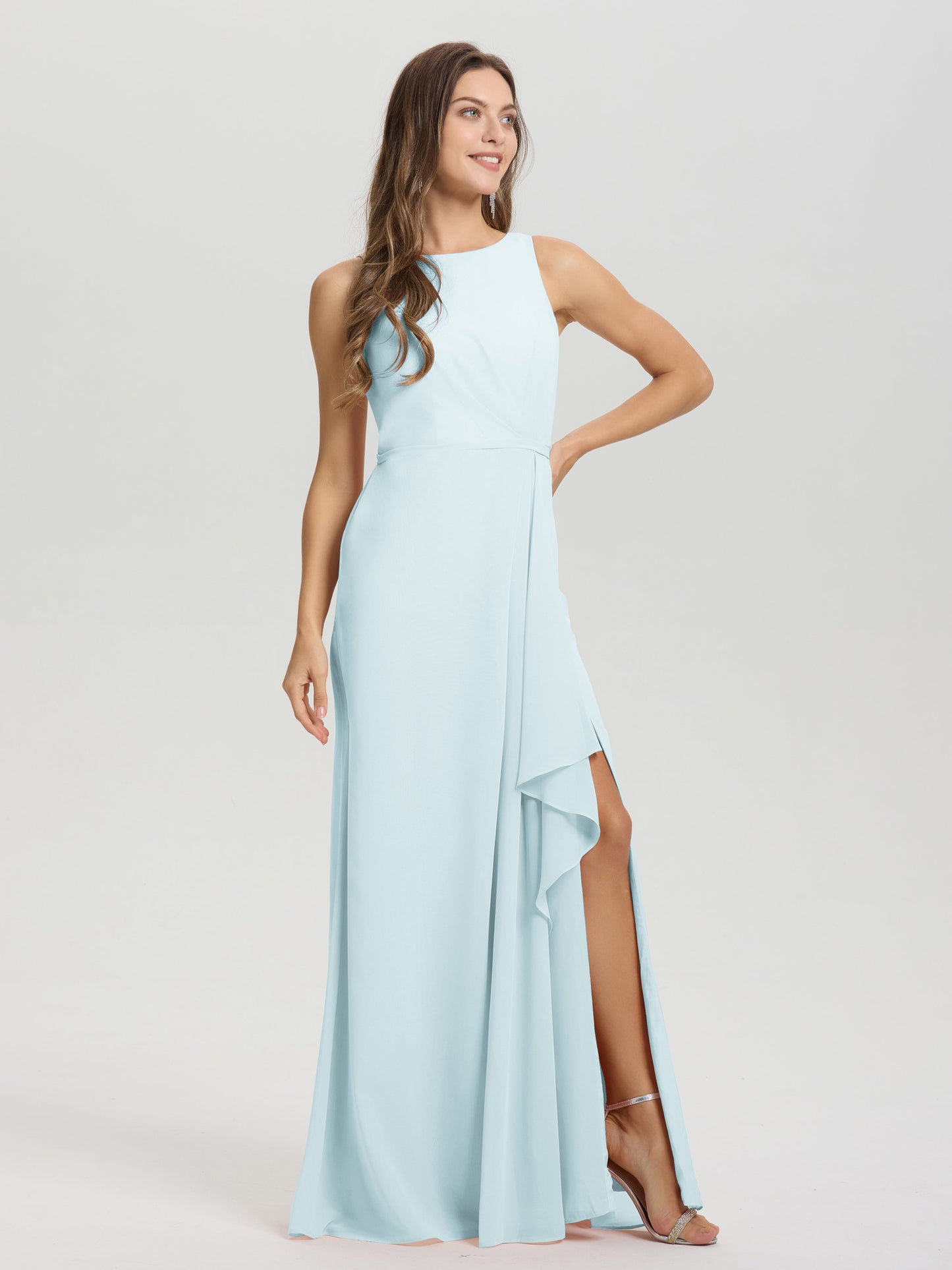 Boat Neck Sleeveless Ruffles Key Hole Back Chiffon Bridesmaid Dress