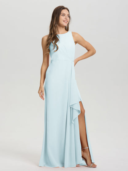 Boat Neck Sleeveless Ruffles Key Hole Back Chiffon Bridesmaid Dress