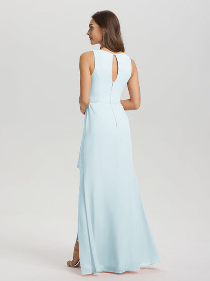 Boat Neck Sleeveless Ruffles Key Hole Back Chiffon Bridesmaid Dress