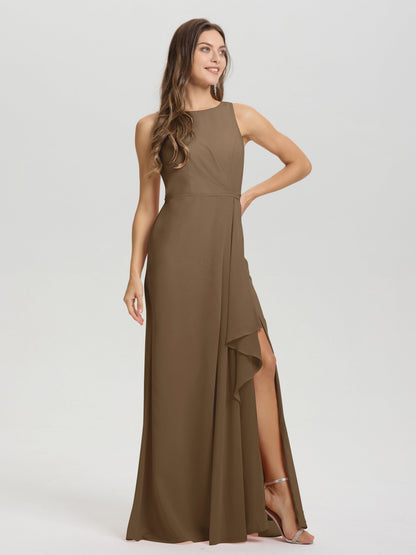 Boat Neck Sleeveless Ruffles Key Hole Back Chiffon Bridesmaid Dress