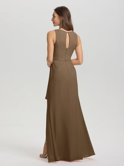 Boat Neck Sleeveless Ruffles Key Hole Back Chiffon Bridesmaid Dress