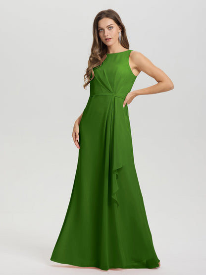 Boat Neck Sleeveless Ruffles Key Hole Back Chiffon Bridesmaid Dress