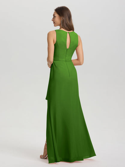Boat Neck Sleeveless Ruffles Key Hole Back Chiffon Bridesmaid Dress