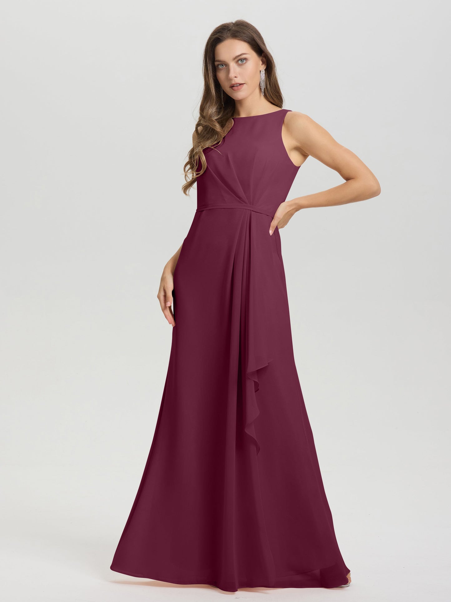 Boat Neck Sleeveless Ruffles Key Hole Back Chiffon Bridesmaid Dress