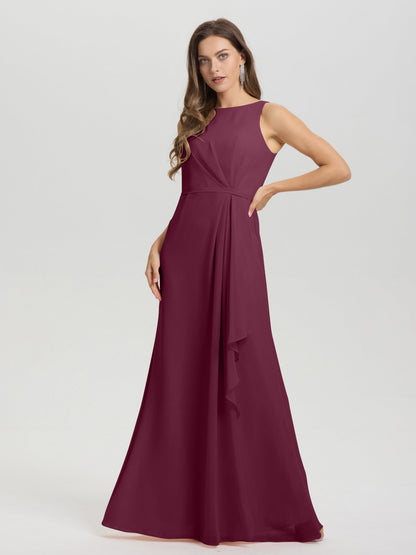 Boat Neck Sleeveless Ruffles Key Hole Back Chiffon Bridesmaid Dress