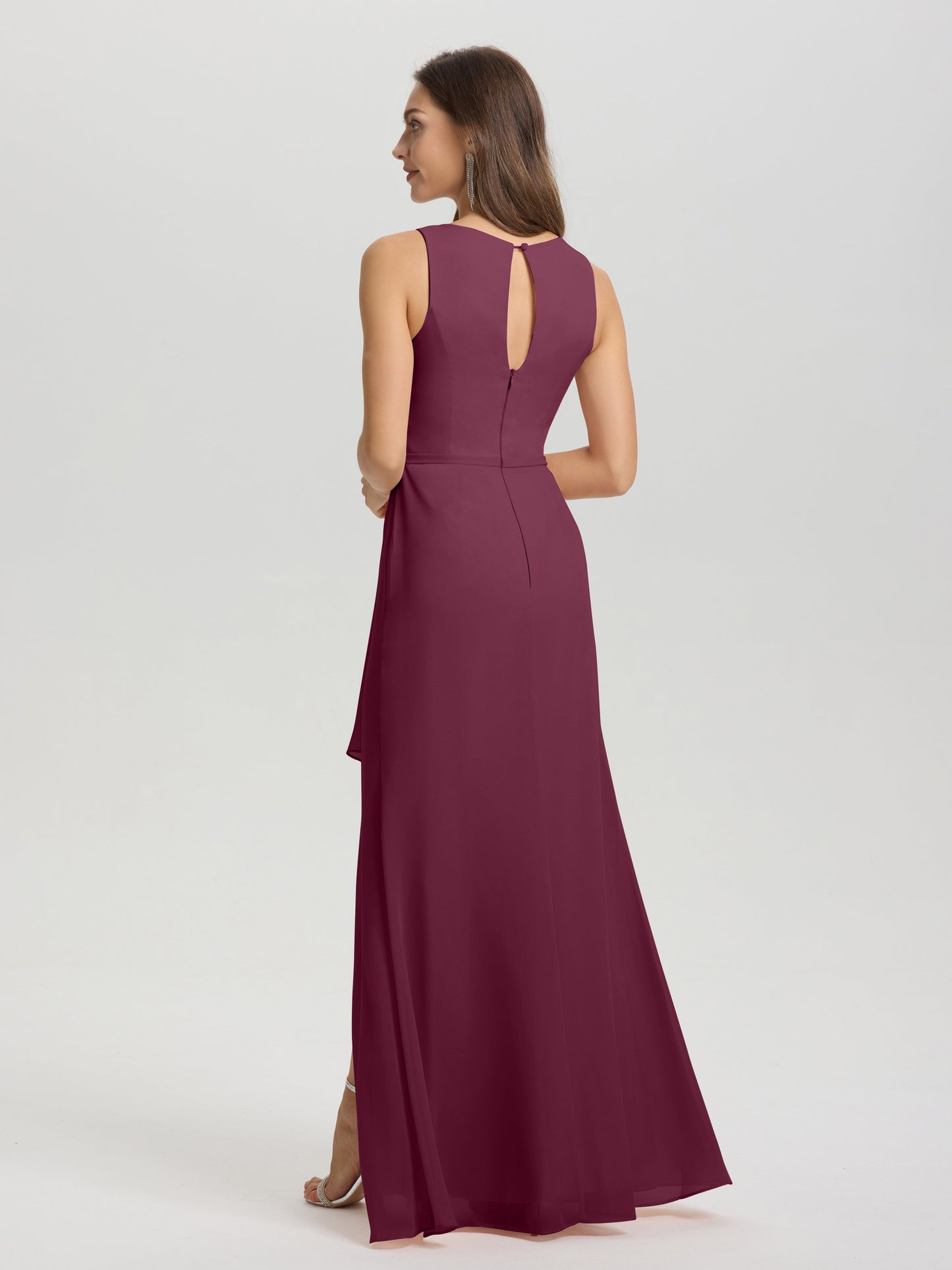 Boat Neck Sleeveless Ruffles Key Hole Back Chiffon Bridesmaid Dress