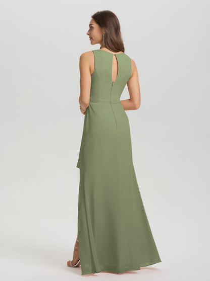 Boat Neck Sleeveless Ruffles Key Hole Back Chiffon Bridesmaid Dress