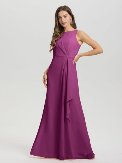 Boat Neck Sleeveless Ruffles Key Hole Back Chiffon Bridesmaid Dress