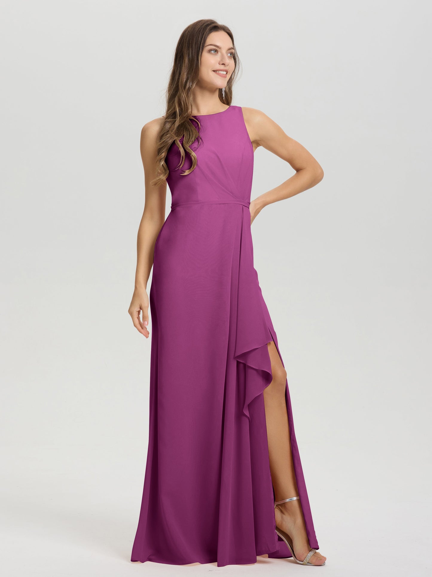 Boat Neck Sleeveless Ruffles Key Hole Back Chiffon Bridesmaid Dress