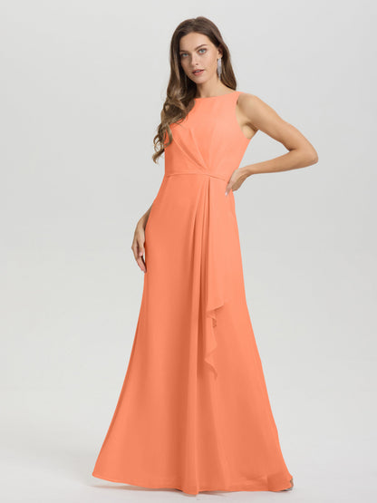 Boat Neck Sleeveless Ruffles Key Hole Back Chiffon Bridesmaid Dress