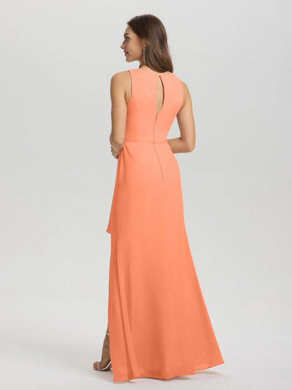 Boat Neck Sleeveless Ruffles Key Hole Back Chiffon Bridesmaid Dress
