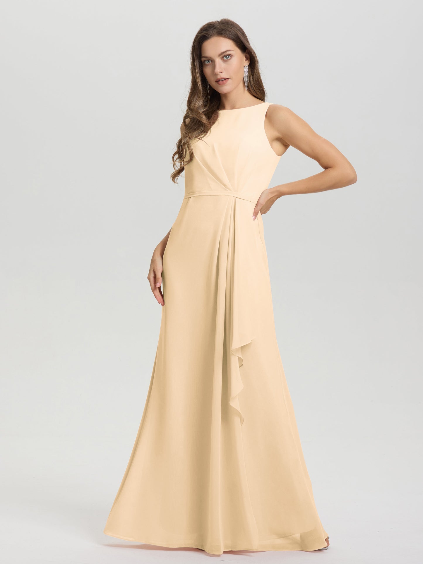 Boat Neck Sleeveless Ruffles Key Hole Back Chiffon Bridesmaid Dress