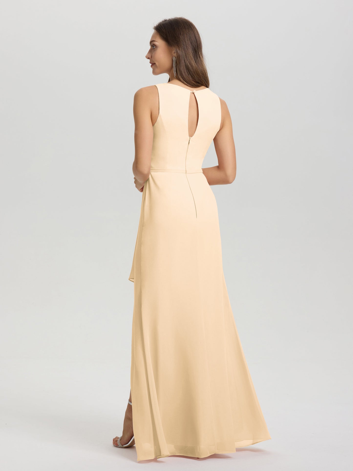 Boat Neck Sleeveless Ruffles Key Hole Back Chiffon Bridesmaid Dress