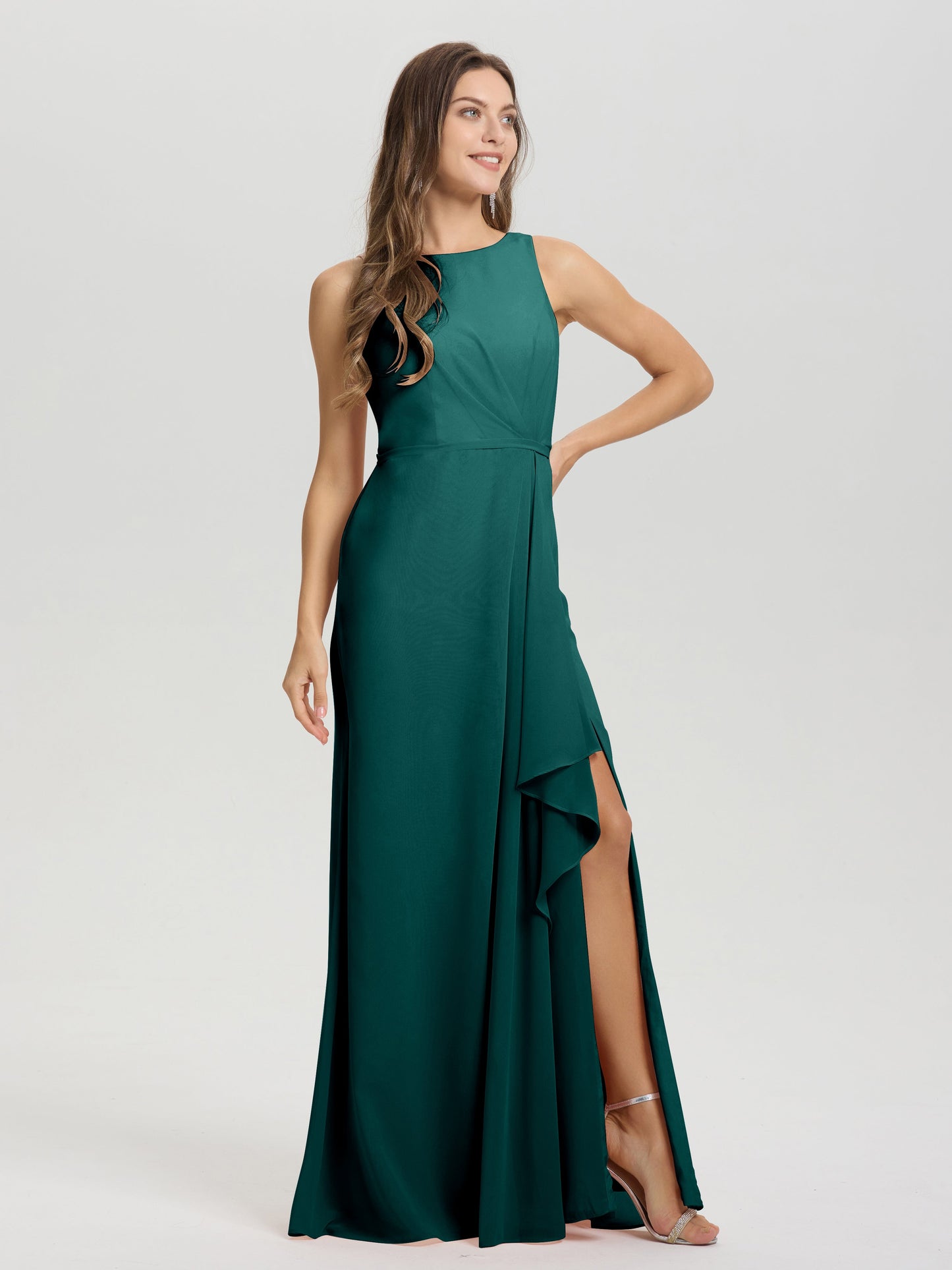 Boat Neck Sleeveless Ruffles Key Hole Back Chiffon Bridesmaid Dress