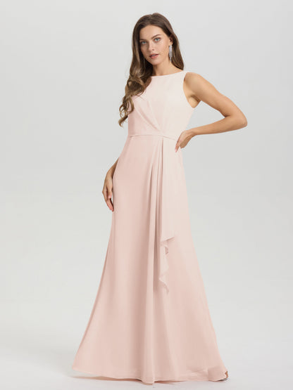 Boat Neck Sleeveless Ruffles Key Hole Back Chiffon Bridesmaid Dress