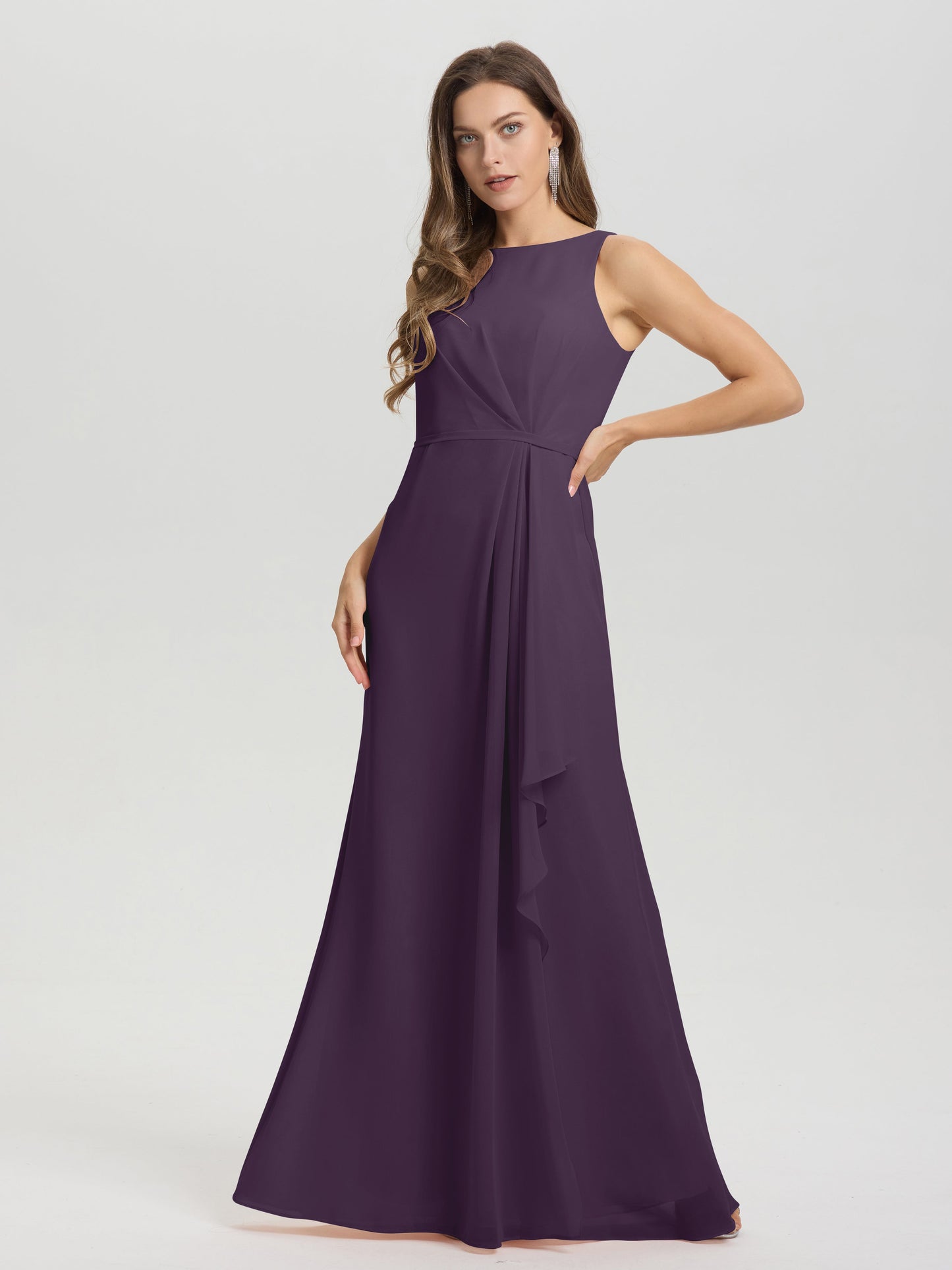 Boat Neck Sleeveless Ruffles Key Hole Back Chiffon Bridesmaid Dress
