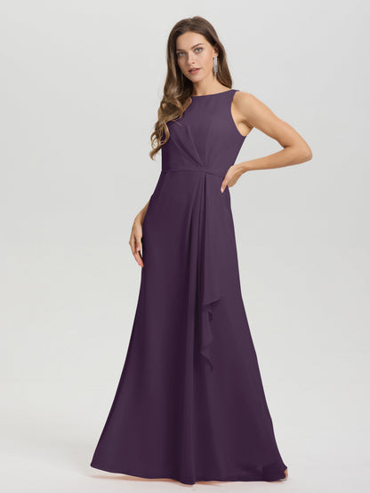 Boat Neck Sleeveless Ruffles Key Hole Back Chiffon Bridesmaid Dress