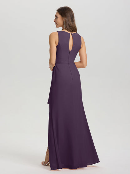Boat Neck Sleeveless Ruffles Key Hole Back Chiffon Bridesmaid Dress