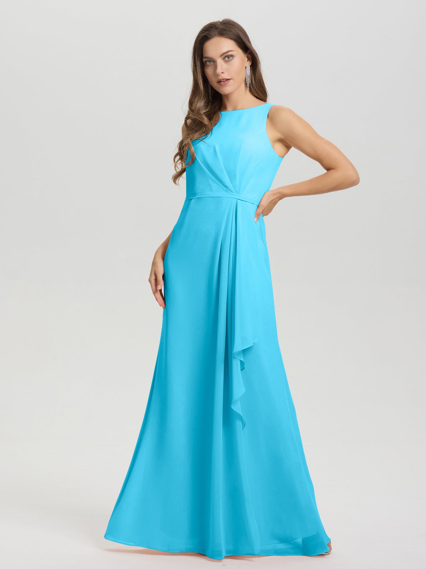 Boat Neck Sleeveless Ruffles Key Hole Back Chiffon Bridesmaid Dress