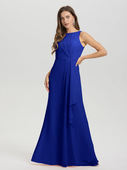 Boat Neck Sleeveless Ruffles Key Hole Back Chiffon Bridesmaid Dress