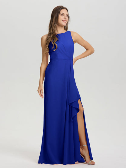 Boat Neck Sleeveless Ruffles Key Hole Back Chiffon Bridesmaid Dress