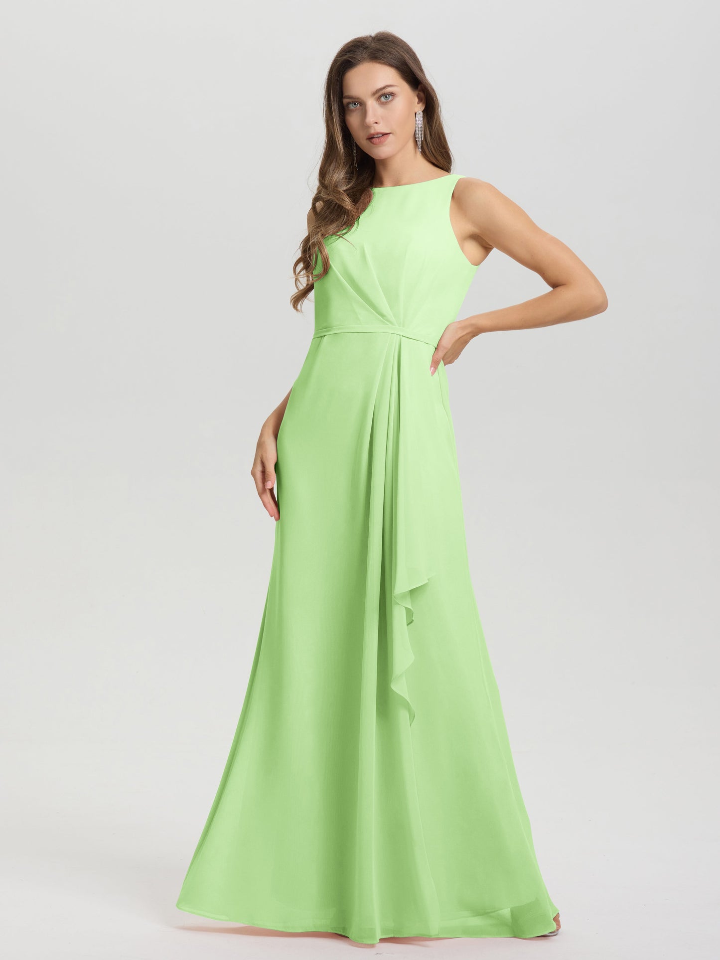 Boat Neck Sleeveless Ruffles Key Hole Back Chiffon Bridesmaid Dress