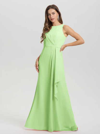 Boat Neck Sleeveless Ruffles Key Hole Back Chiffon Bridesmaid Dress