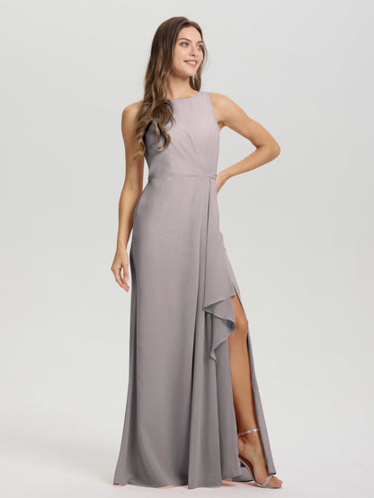 Boat Neck Sleeveless Ruffles Key Hole Back Chiffon Bridesmaid Dress