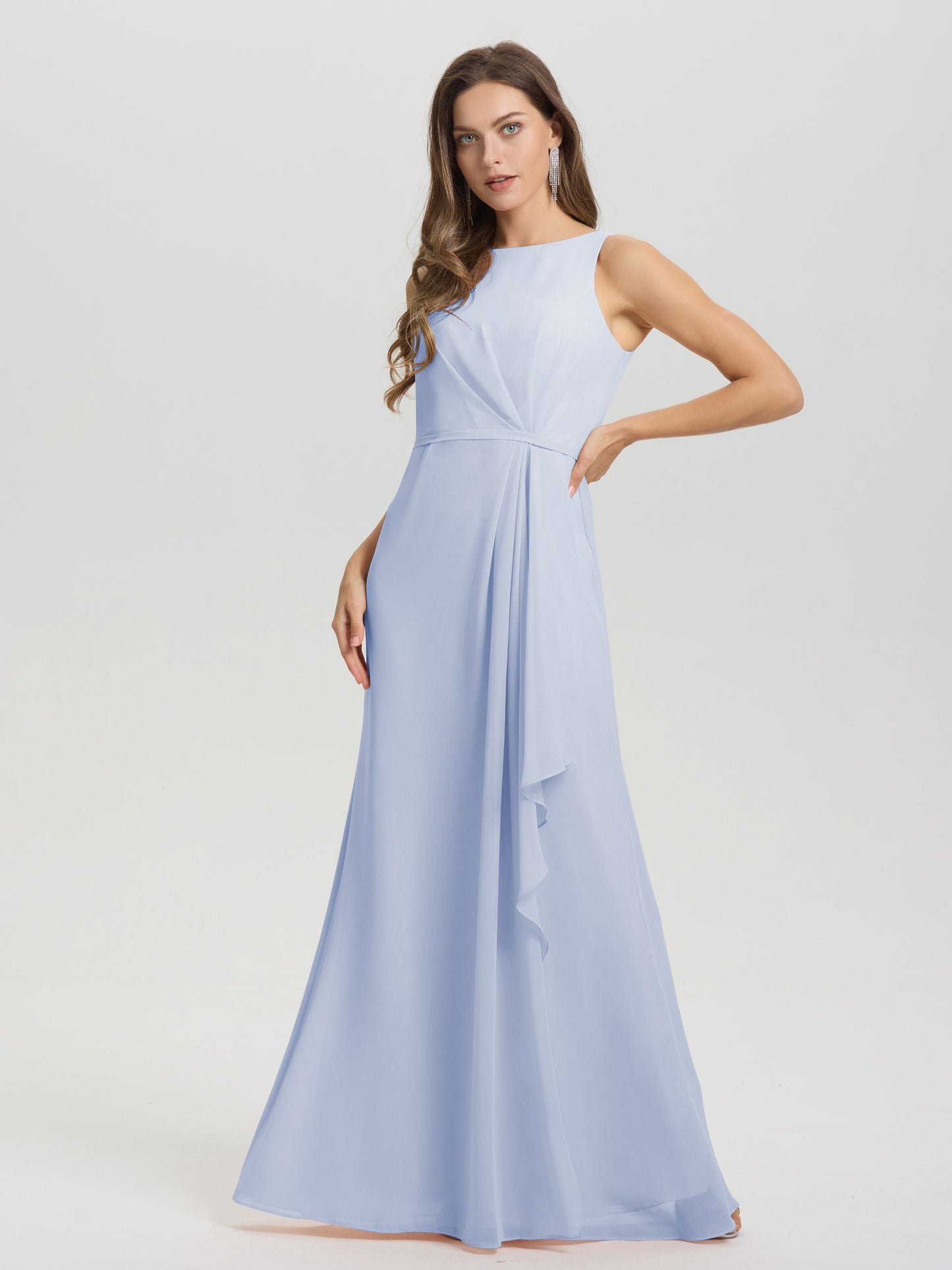 Boat Neck Sleeveless Ruffles Key Hole Back Chiffon Bridesmaid Dress
