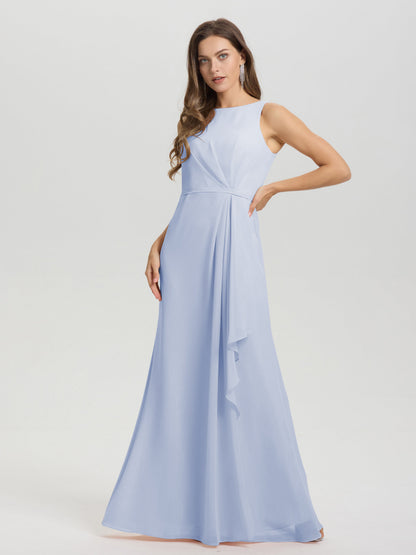 Boat Neck Sleeveless Ruffles Key Hole Back Chiffon Bridesmaid Dress