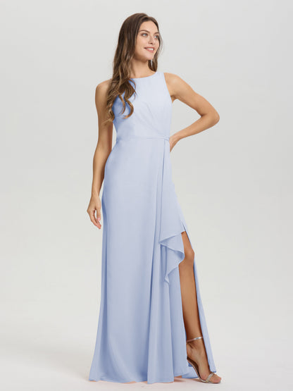 Boat Neck Sleeveless Ruffles Key Hole Back Chiffon Bridesmaid Dress