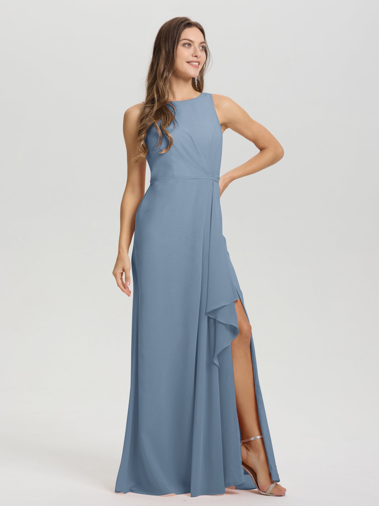 Boat Neck Sleeveless Ruffles Key Hole Back Chiffon Bridesmaid Dress