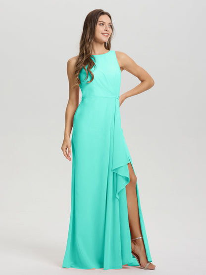 Boat Neck Sleeveless Ruffles Key Hole Back Chiffon Bridesmaid Dress