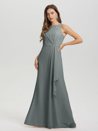 Boat Neck Sleeveless Ruffles Key Hole Back Chiffon Bridesmaid Dress